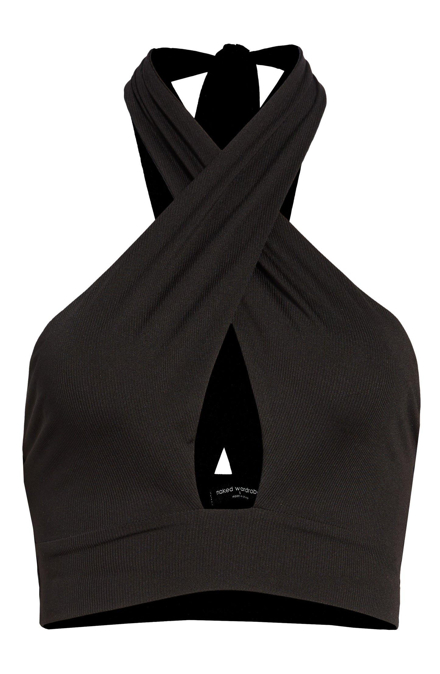 Naked Wardrobe Crossover Halter Crop Top in Black, Size Medium