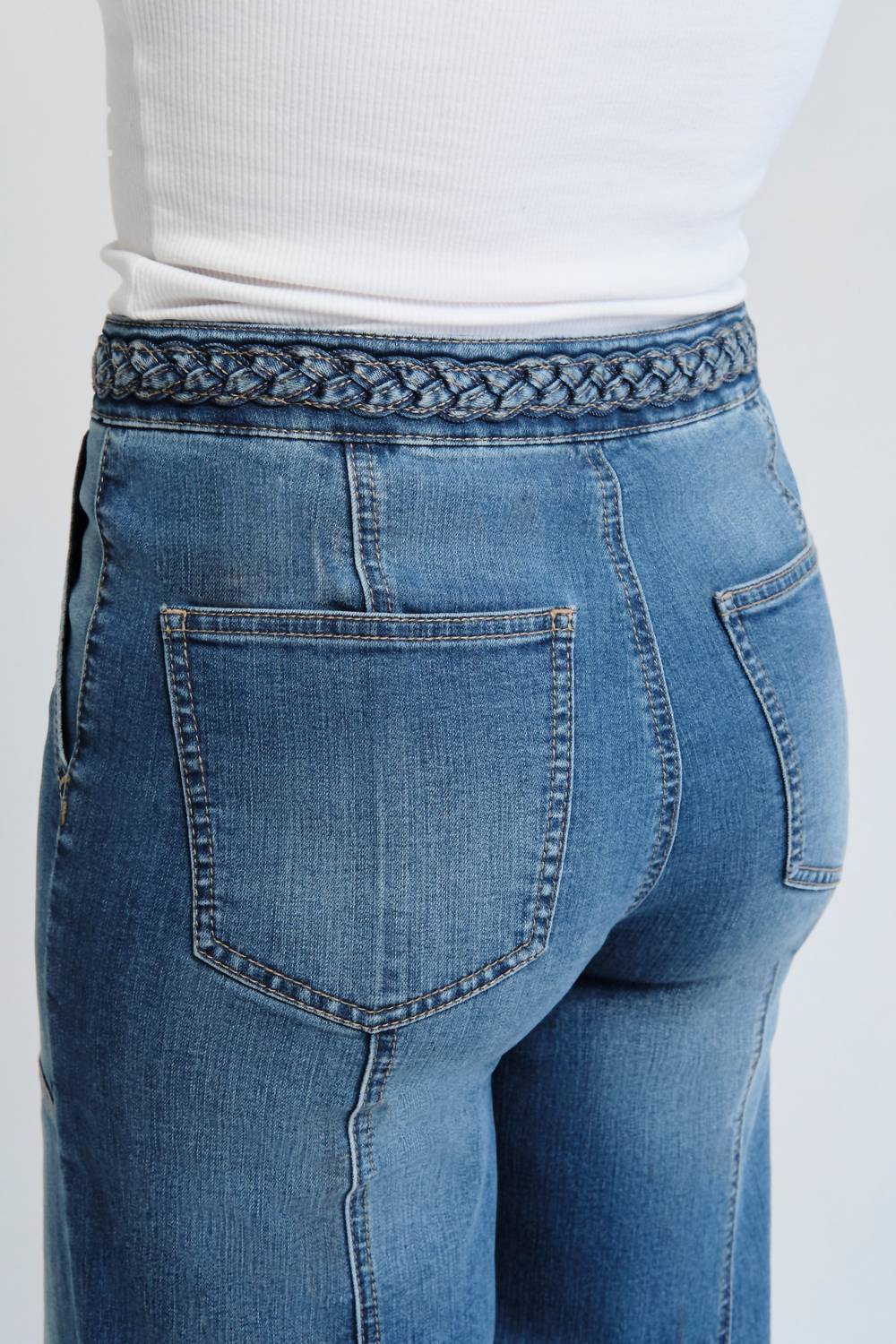 1822 Denim - High Rise Wide Leg Braided Waistband Denim Jeans