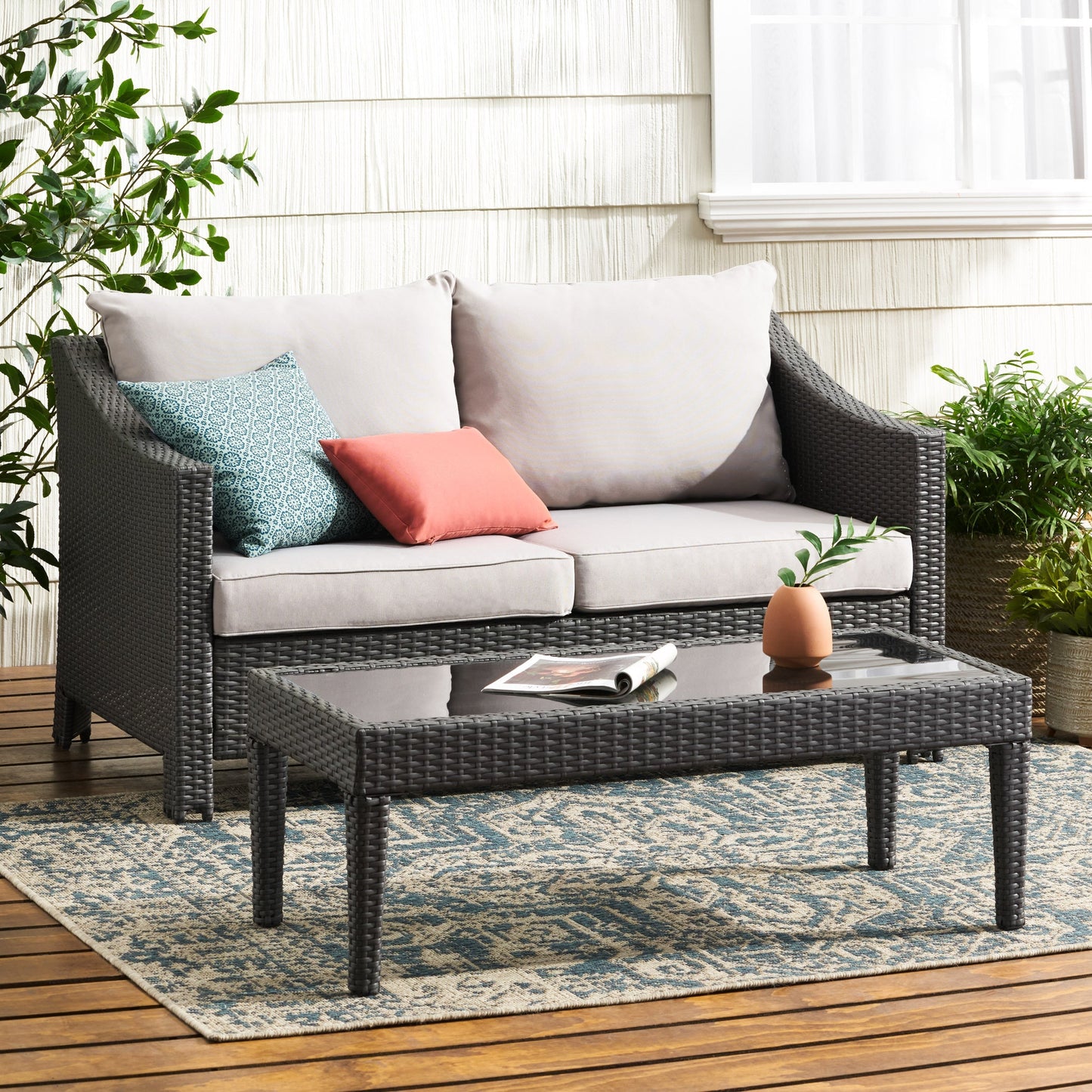 Contemporary ANTIBES Loveseat & Table Set Outdoor Grey PE Rattan Iron Waterproof Fabric