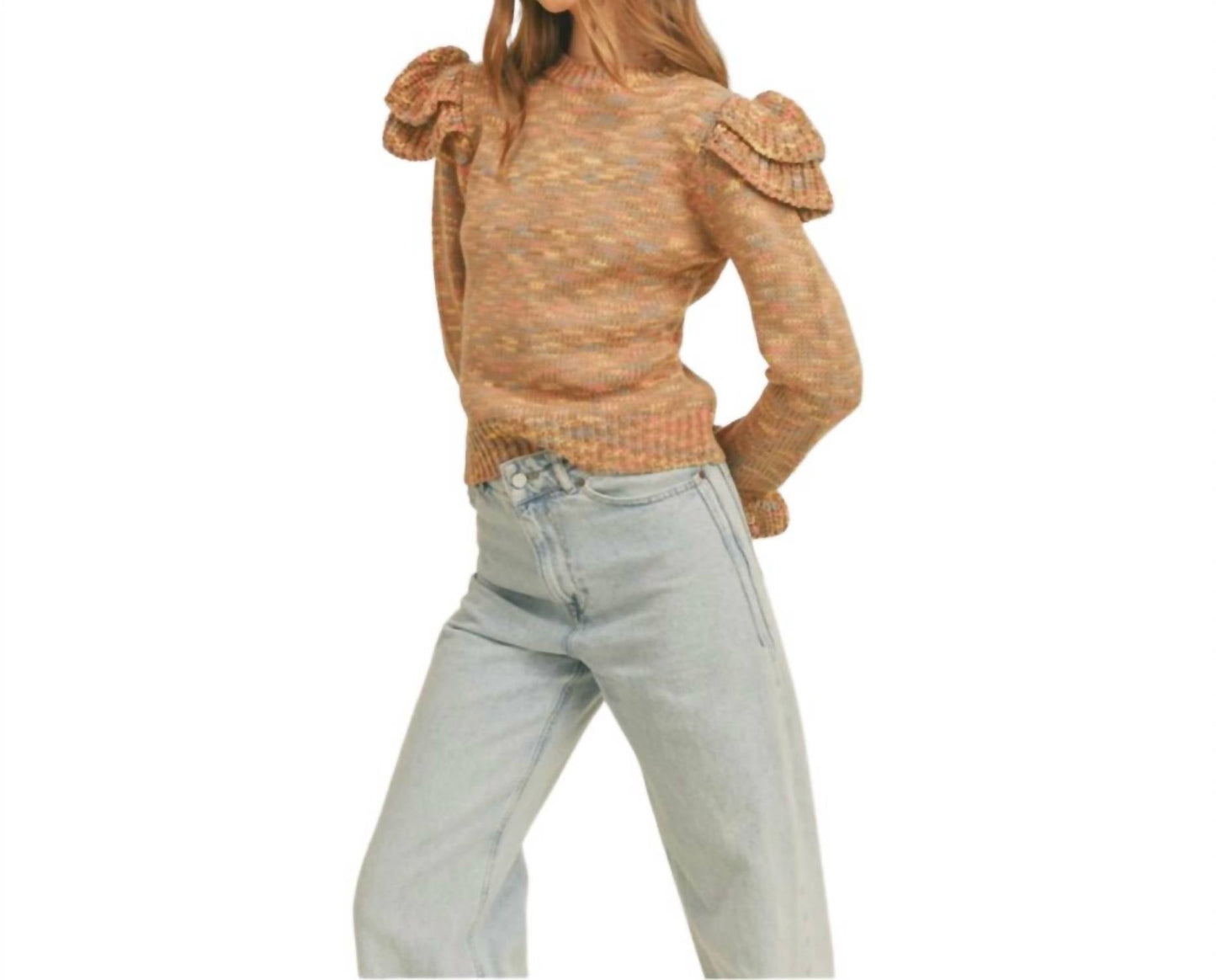 &Merci - Ruffled Shoulder Mix Knit Sweater