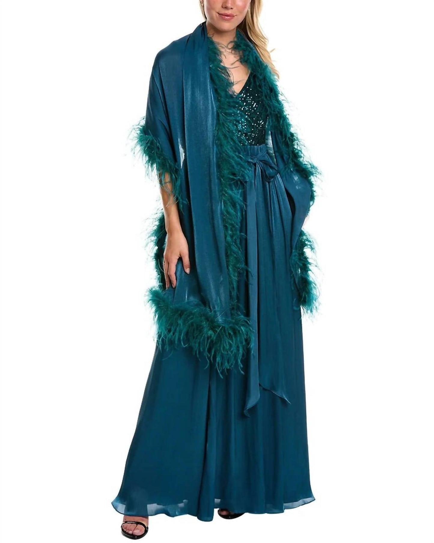 Badgley Mischka - Feather Wrap Sequin Gown
