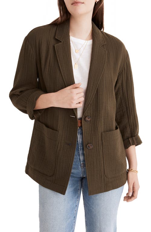 Madewell Crinkled Linen Blend Blazer in Dried Olive, Size Large
