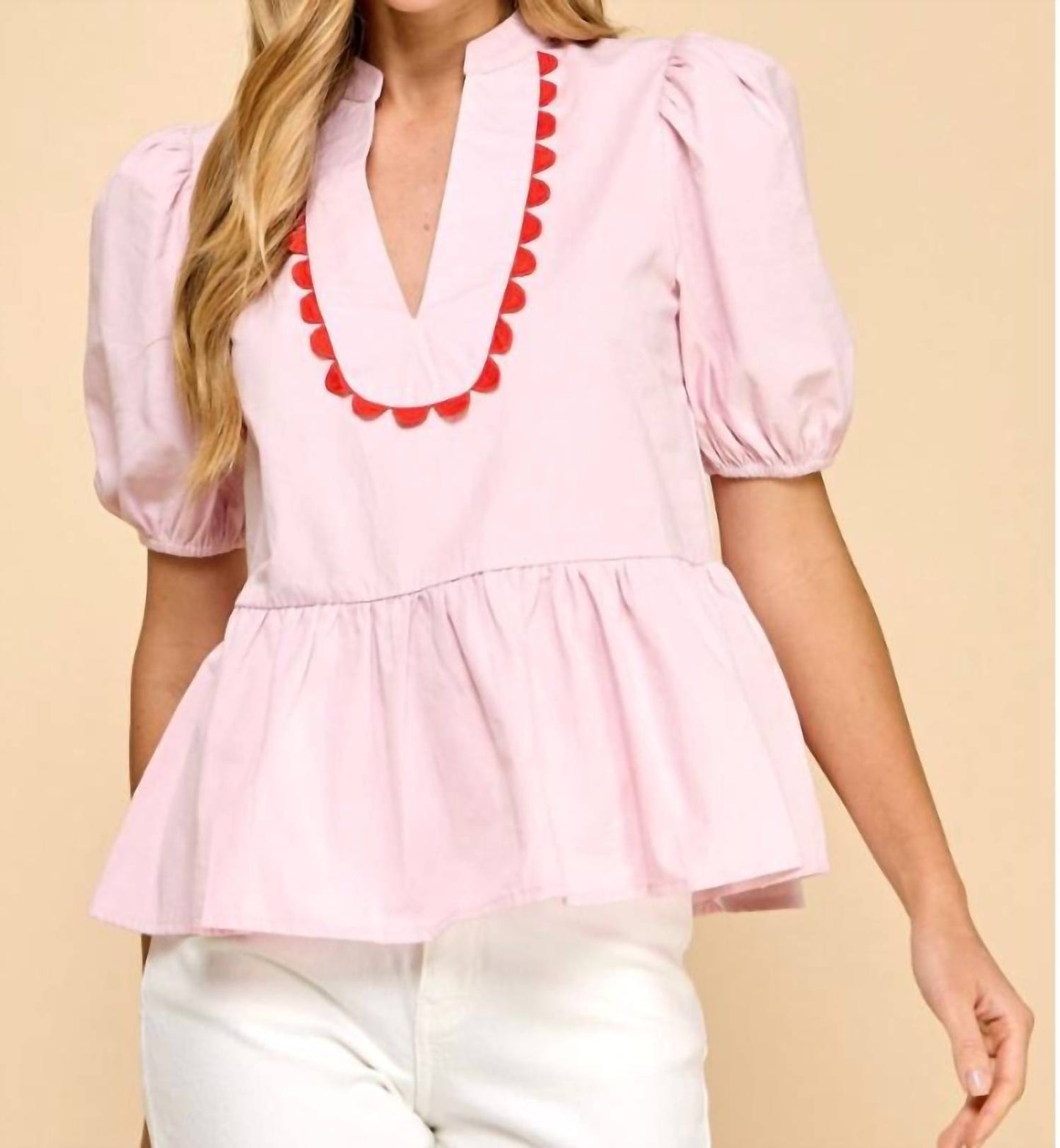 Tcec - Scalloped Split V-neck Puff Sleeve Top