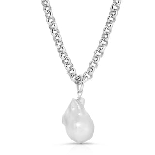Eklexic - Colar feminino com pingente de pérola barroca e corrente micro real extragrande