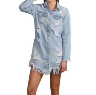 Bibi - JAQUETA LONGA DE JEANS COM PONTO GRANDE RASGADO