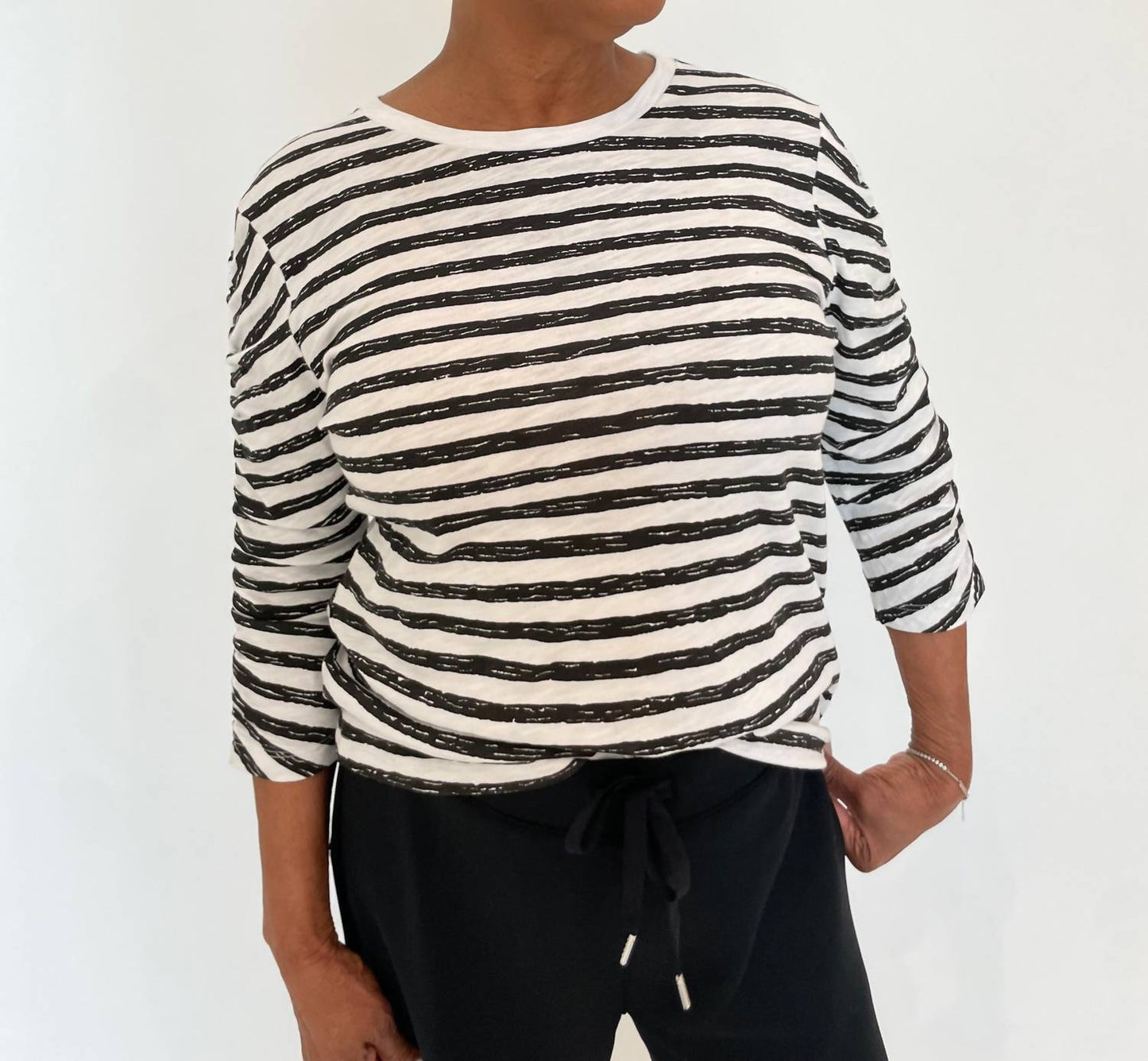 Elliott Lauren - Stripe Ruched Sleeve Tee