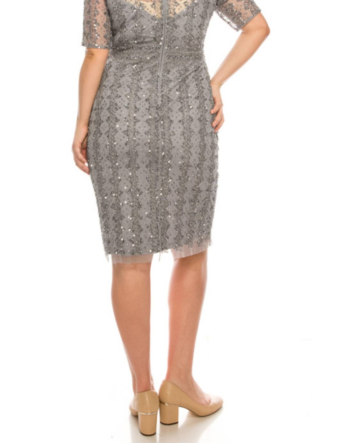 Adrianna Papell - Sequin Beaded Elbow Sleeved Cocktail Dress