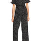 CeCe Sportswear Women's Short Sleeve V-Neck Ditsy Etching Belted Jumpsuit, Rich Black, 14