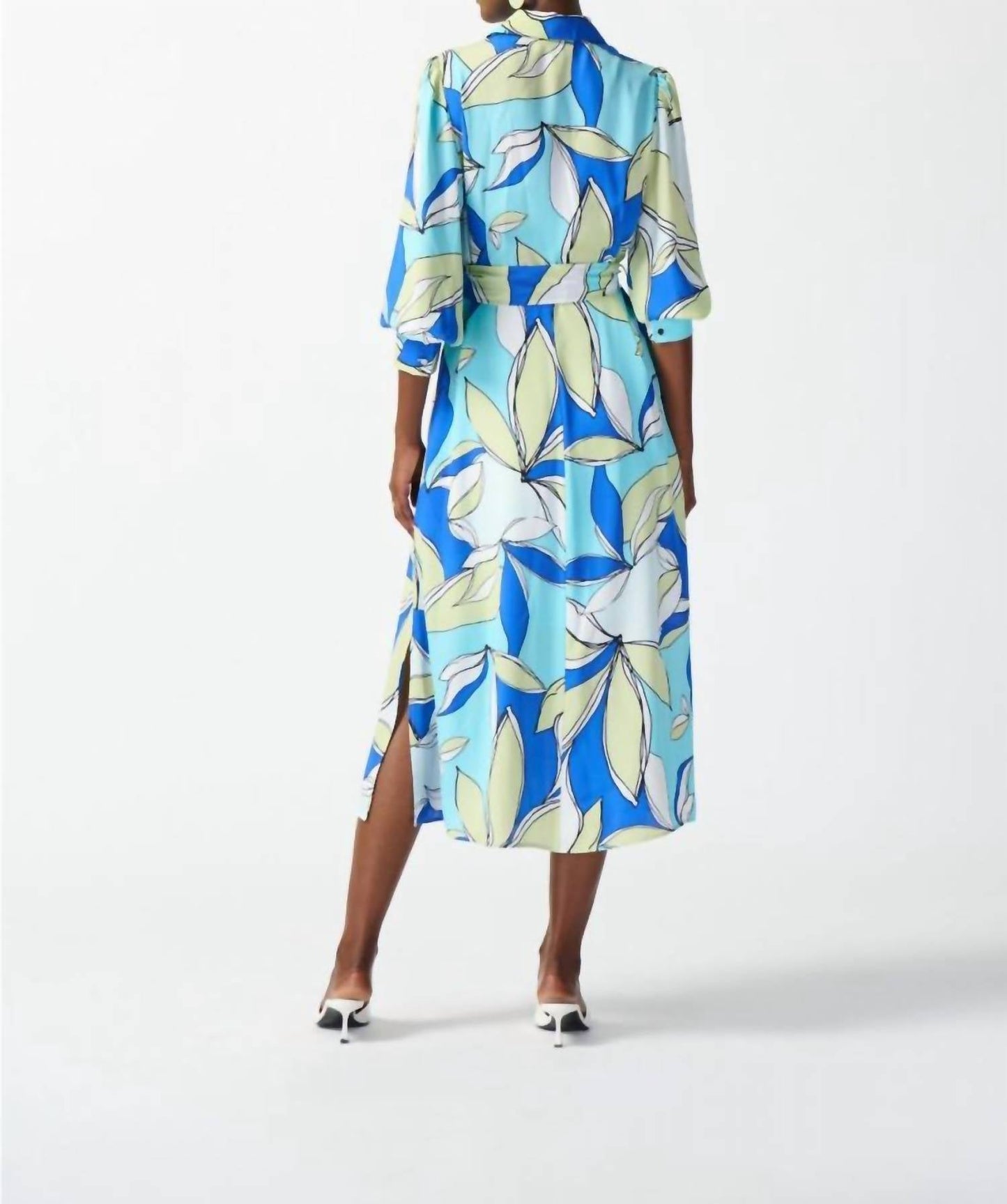 Joseph Ribkoff - Leaf Print Waist Tie Midi Shirt Dress