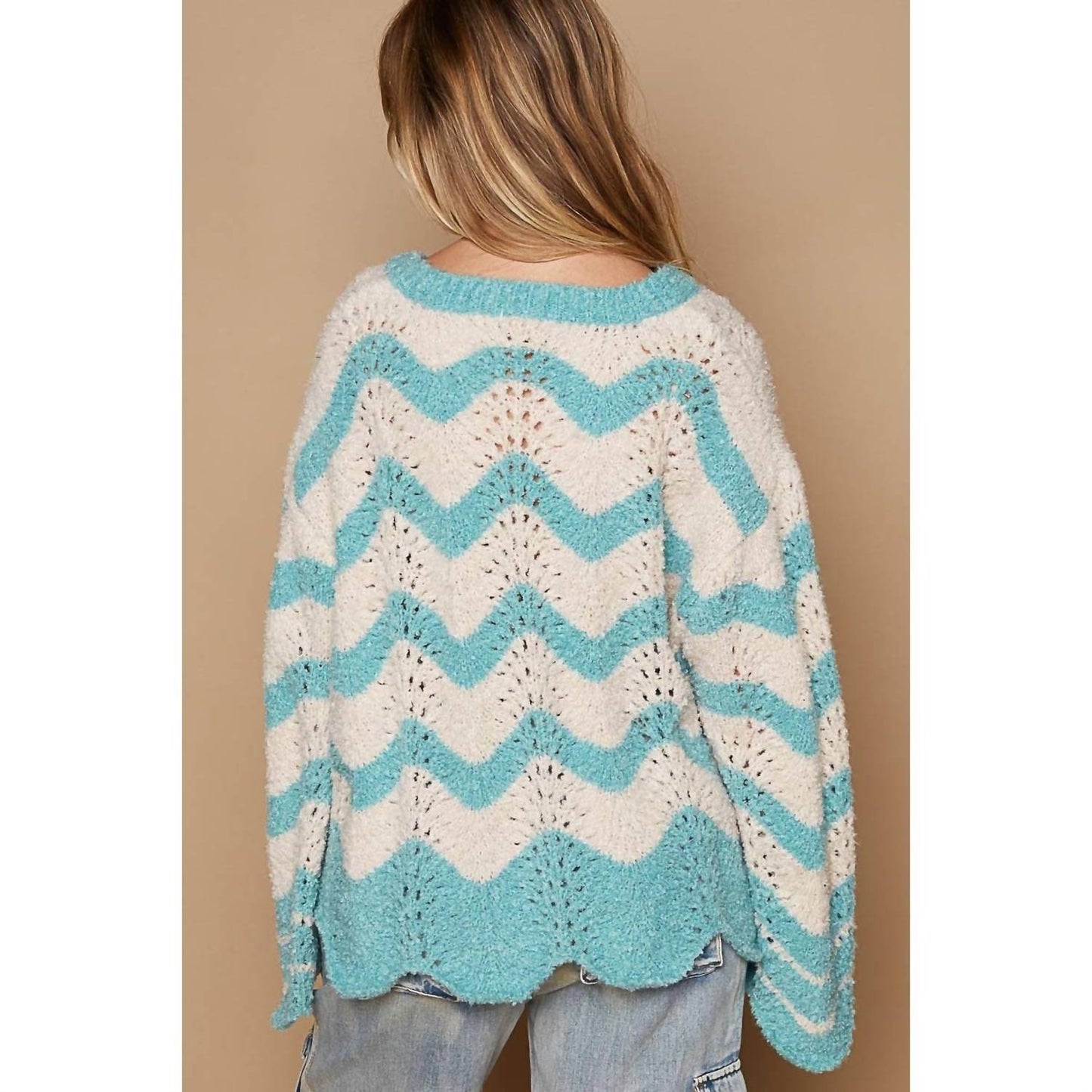 Pol - Oversize Round Neck Stripes Solid Pullover Sweater