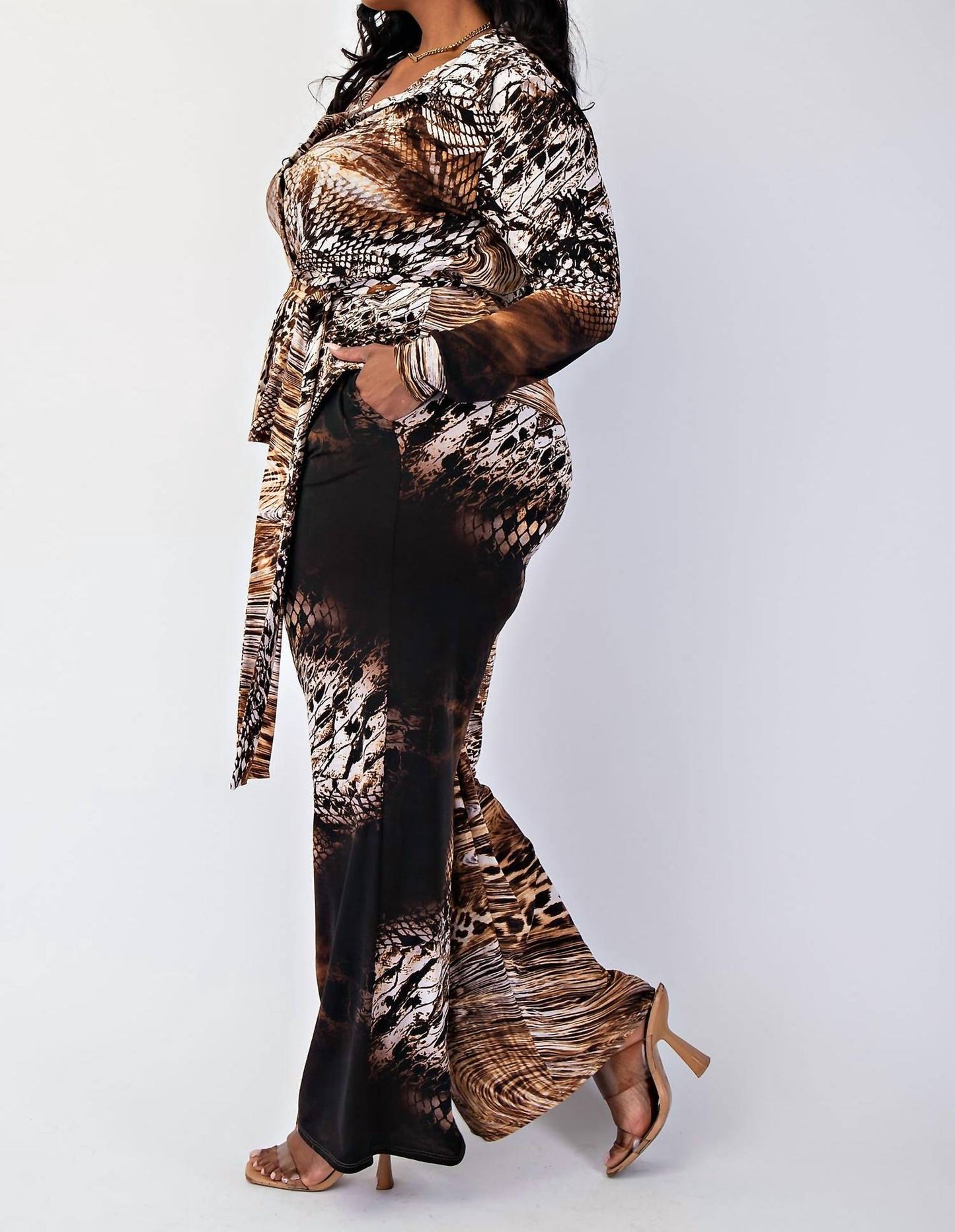 The Curve La - Plus Size Knit Long Sleeve Shirt Top And Wide Leg Pants Set