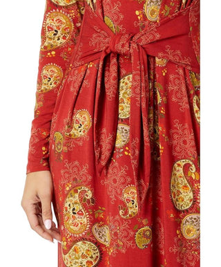 Johnny Was - Vestido de malha com manga comprida e renda Paisley e amarração frontal