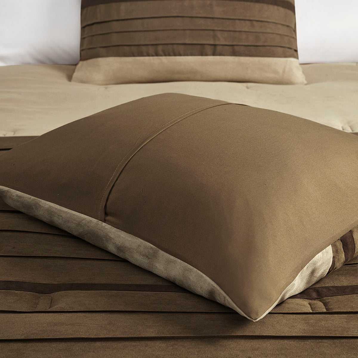 7 PC Pieced Faux Suede Comforter Set Natural Cal King