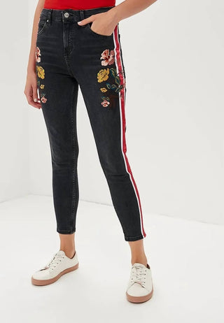 Topshop - Jeans Skinny Moto Stripe Bordado Floral Cintura Alta