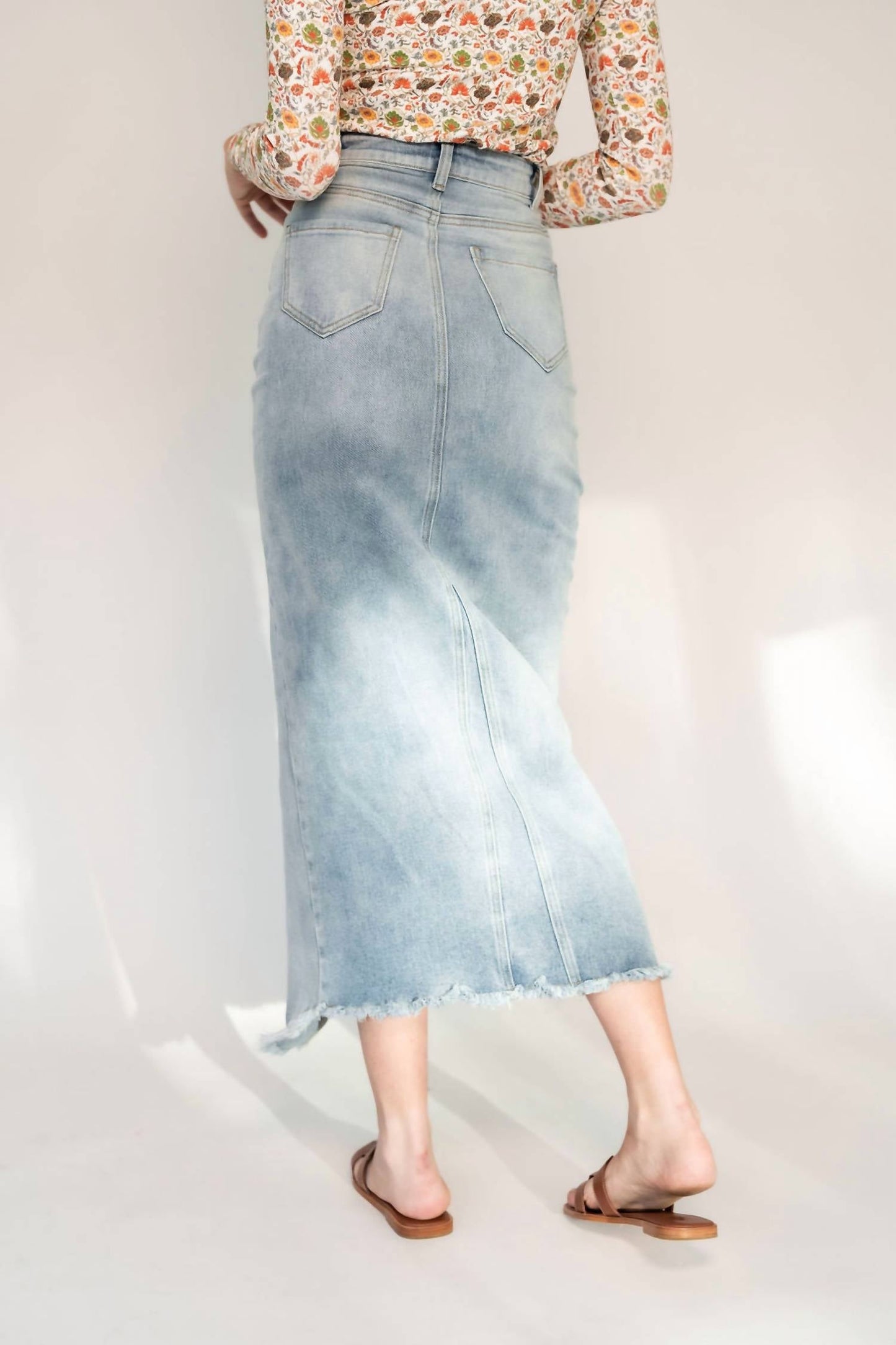 Recollection Brand - Frayed Hem Asymmetrical Stretch Denim Maxi Skirt