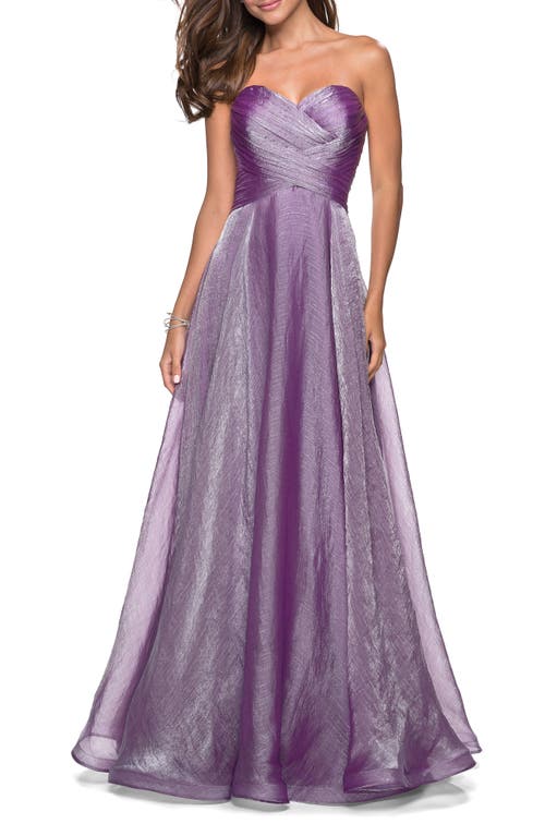 La Femme Strapless Metallic Organza Gown - Orchid
