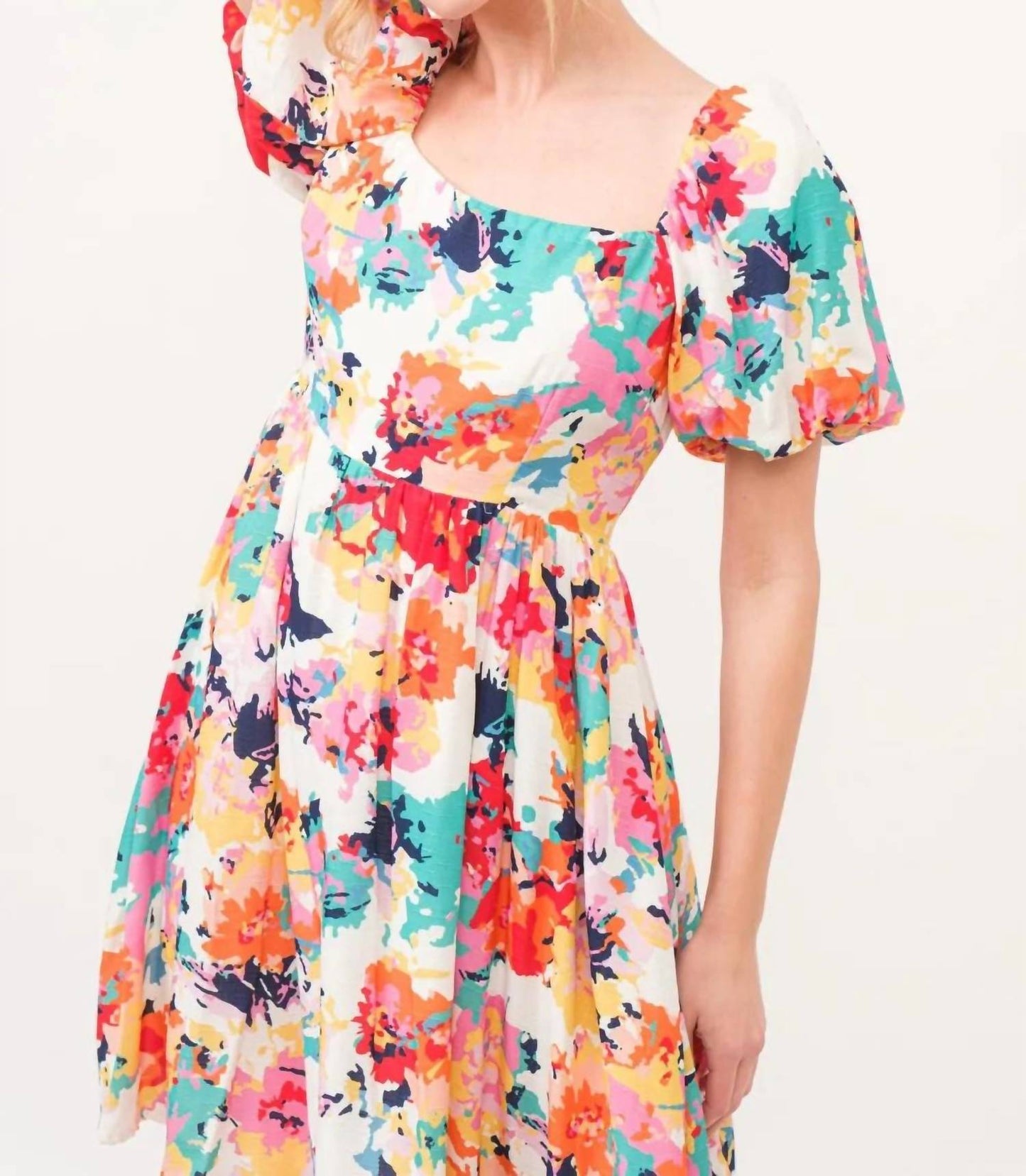 And The Why - Square Neck Puff Sleeve Floral Dress