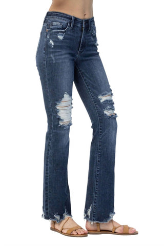 Judy Blue - Calça jeans slim bootcut Destroy de cintura média contrastante