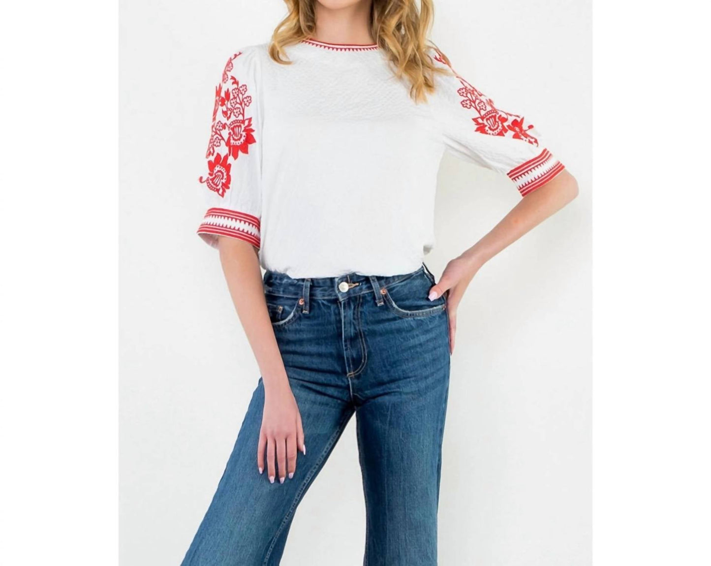Thml - Embroidered Puff Sleeve Textured Top