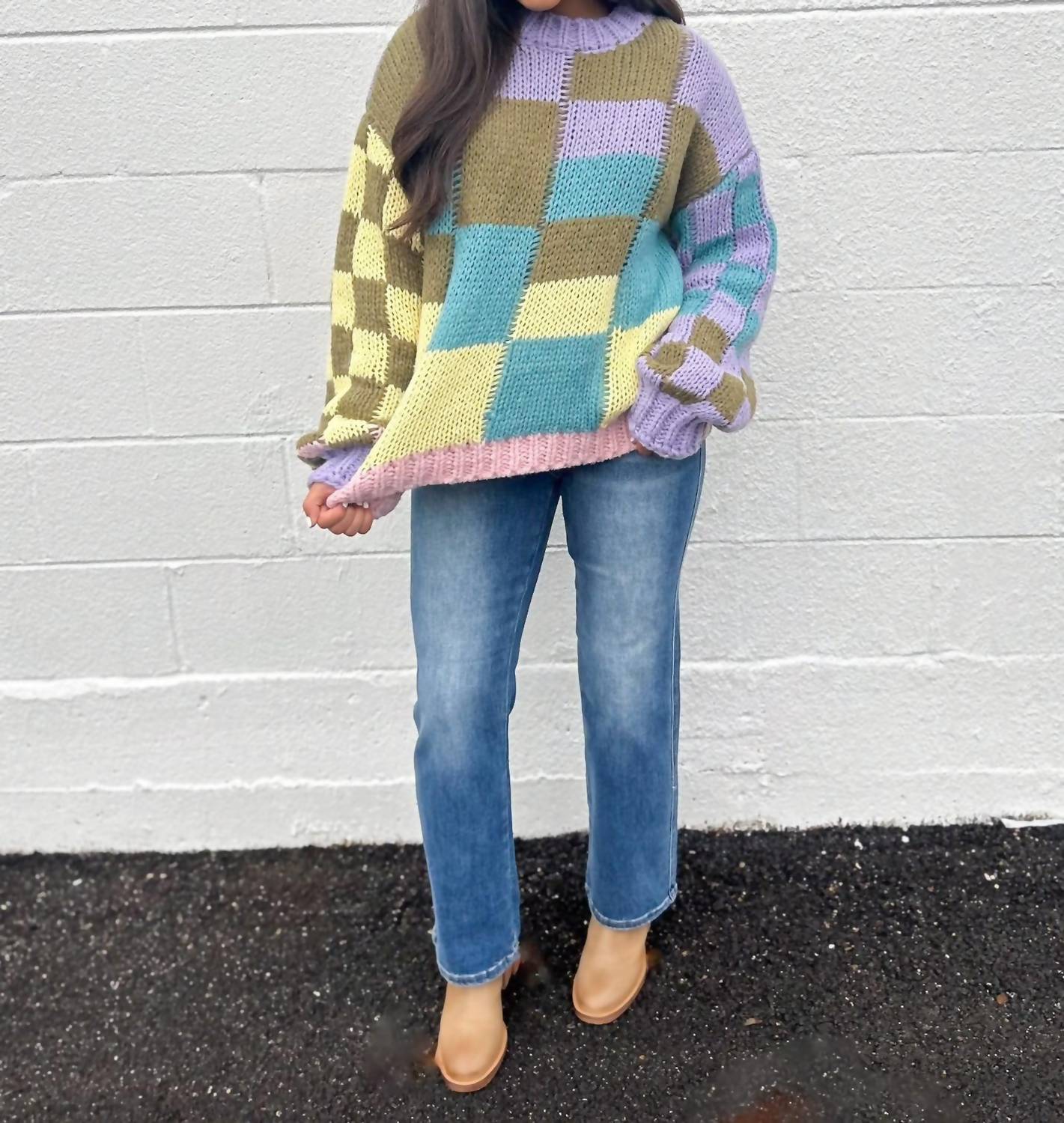 Bibi - Angel Girl Color Block Checkered Sweater