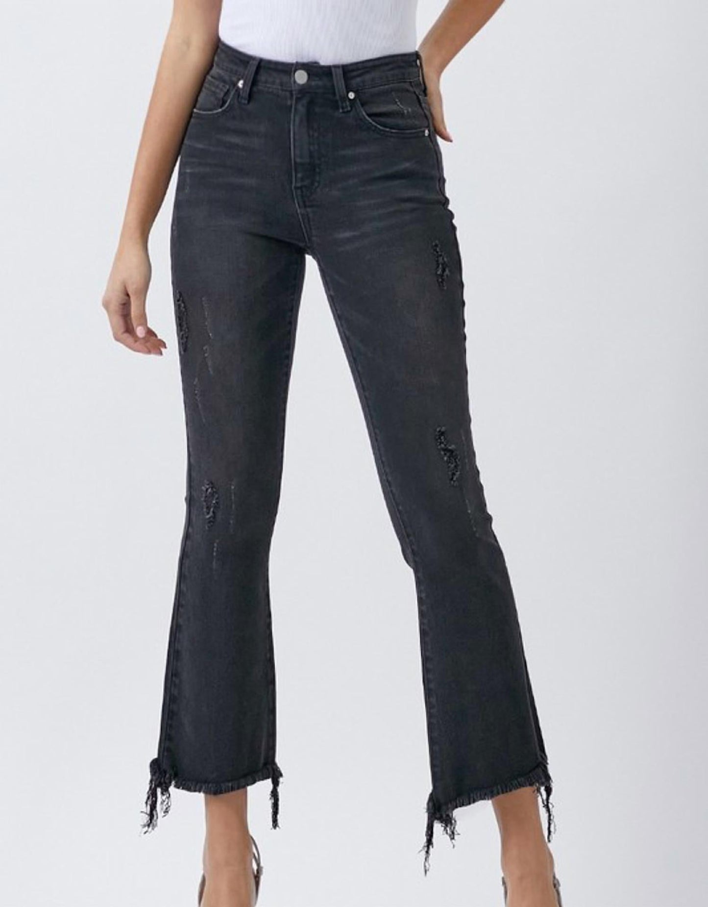Risen - Mid Rise Distressed Crop Ankle Flare Jeans