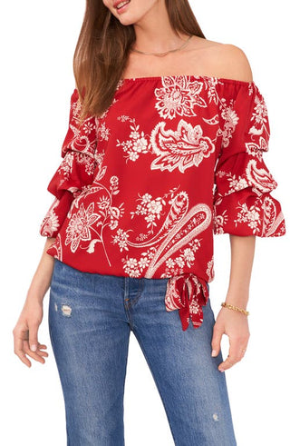 Vince Camuto Paisley Off the Shoulder Blouse in Dark Red, Size Medium