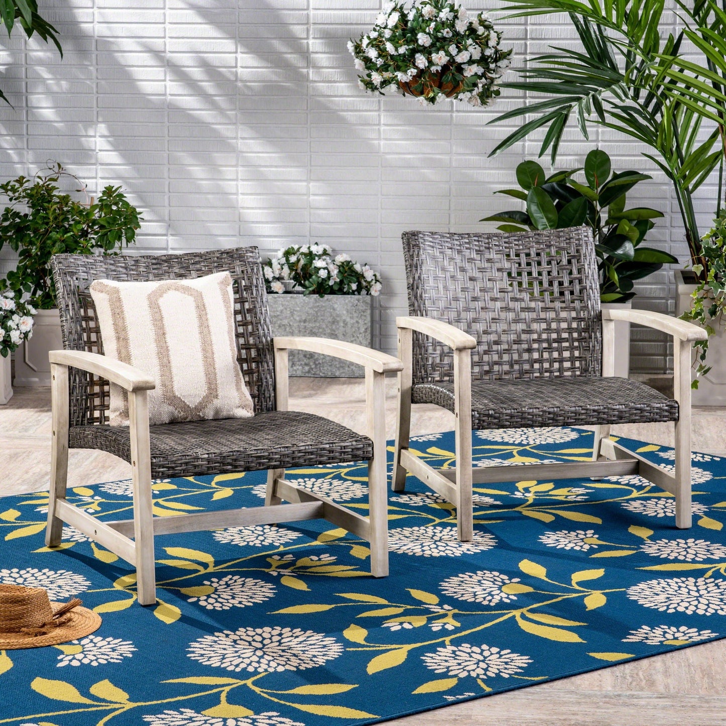 Outdoor Club Chair with Rattan Cover and Acacia Wood Frame - Gray