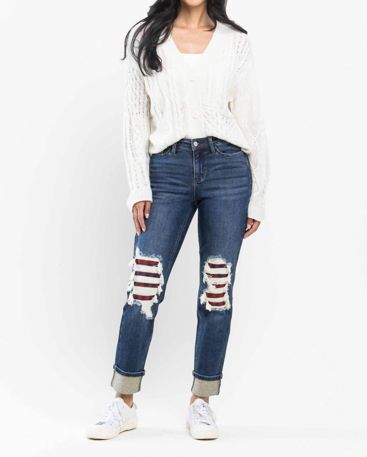 Judy Blue - “charlotte” Midrise Buffalo Plaid Patch Destroyed Boyfriend Jeans