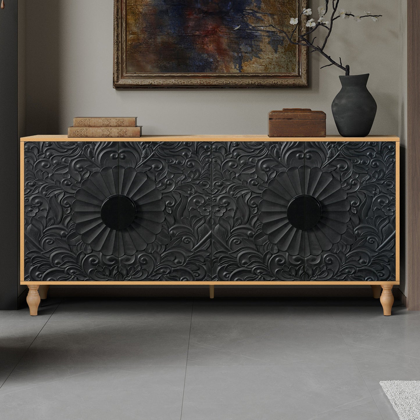 Black Carved Symmetrical Design Door And Wood Coloured Frame TV Stand