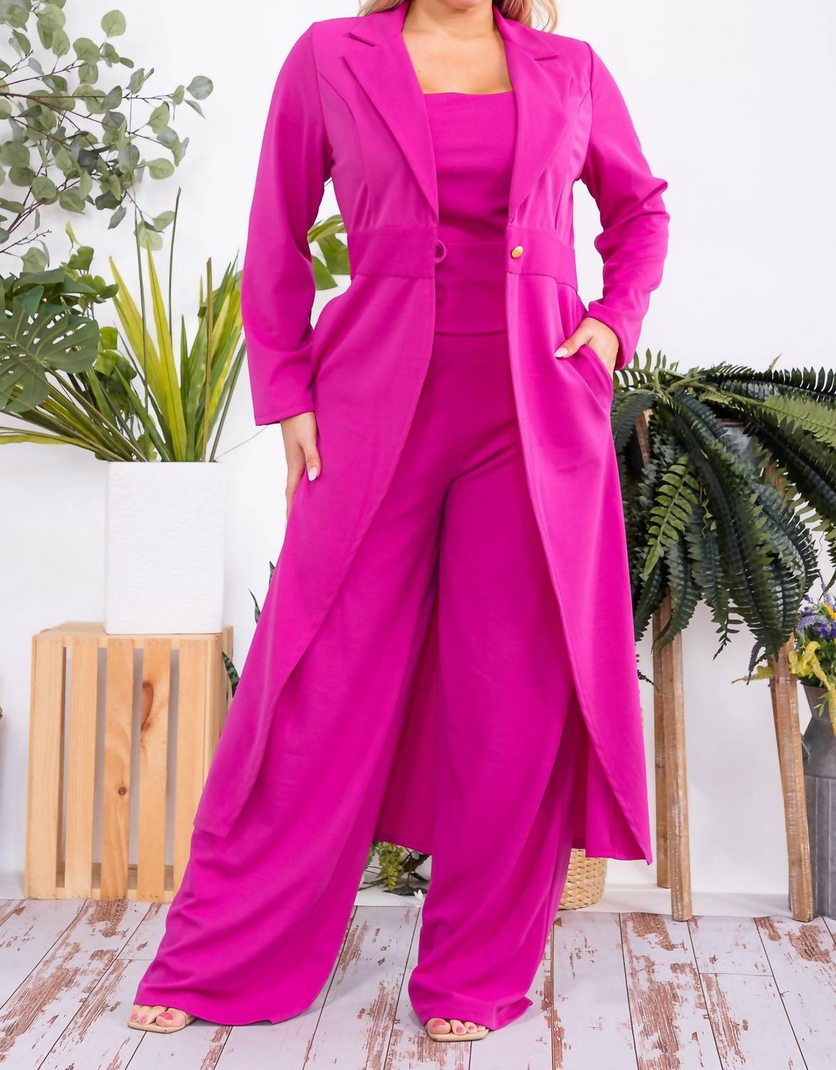 Karen T Design - Longline Blazer, Tank Top, And Wide-leg Pants Set
