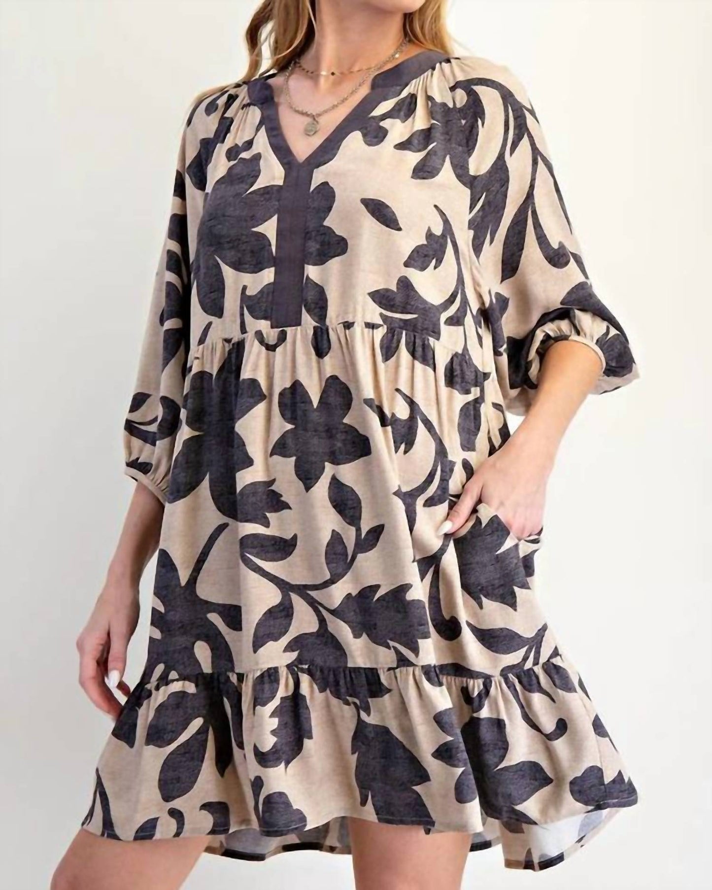 Easel - Floral Printed Challis Relaxed Mini Dress