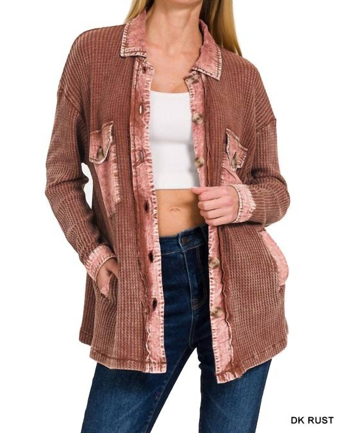 Zenana - Tori Waffle Knit Acid Wash Shacket