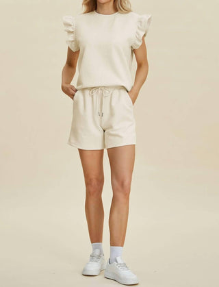 Double Take - Conjunto de blusa e short com mangas franzidas