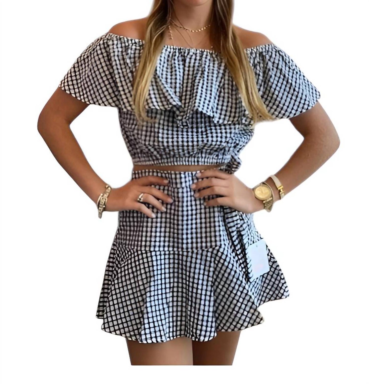 Meet Me In Santorini - Gingham Off Shoulder Top