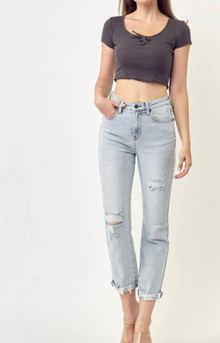 Risen - Calça Jeans Vintage de Cintura Média e Perna Reta