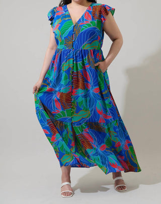 Sugarlips - Vestido longo com botões e babados Malton Tropical Evianna Curve