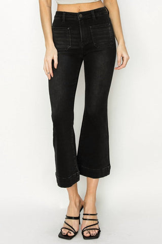 Risen - Calça jeans flare cropped de cintura alta com bolso aplicado