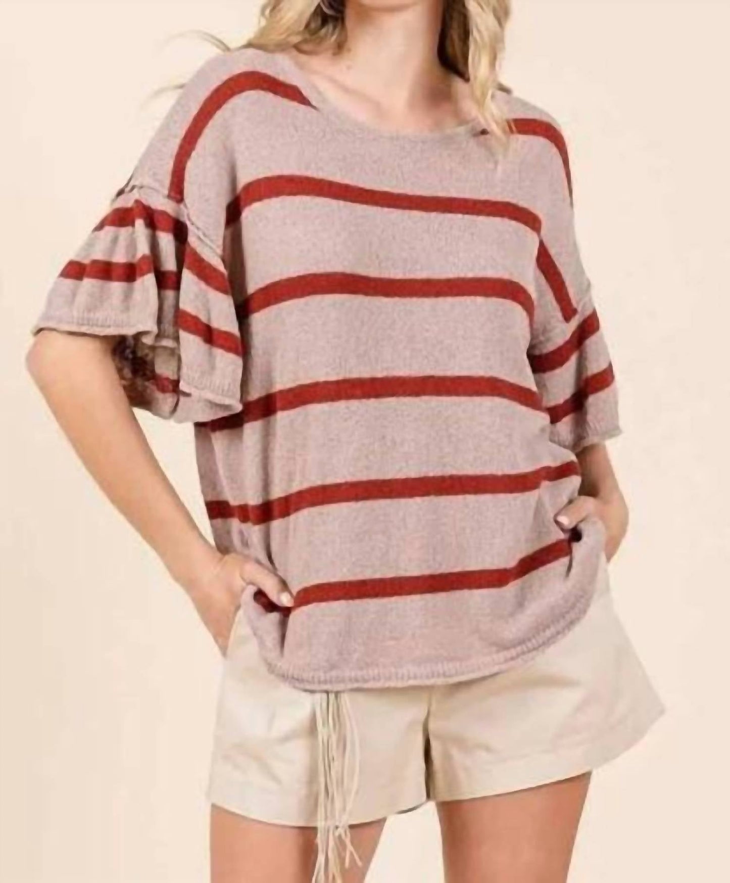 Mittoshop - STRIPED RUFFLE SHORT SLEEVE SWEATER KNIT TOP