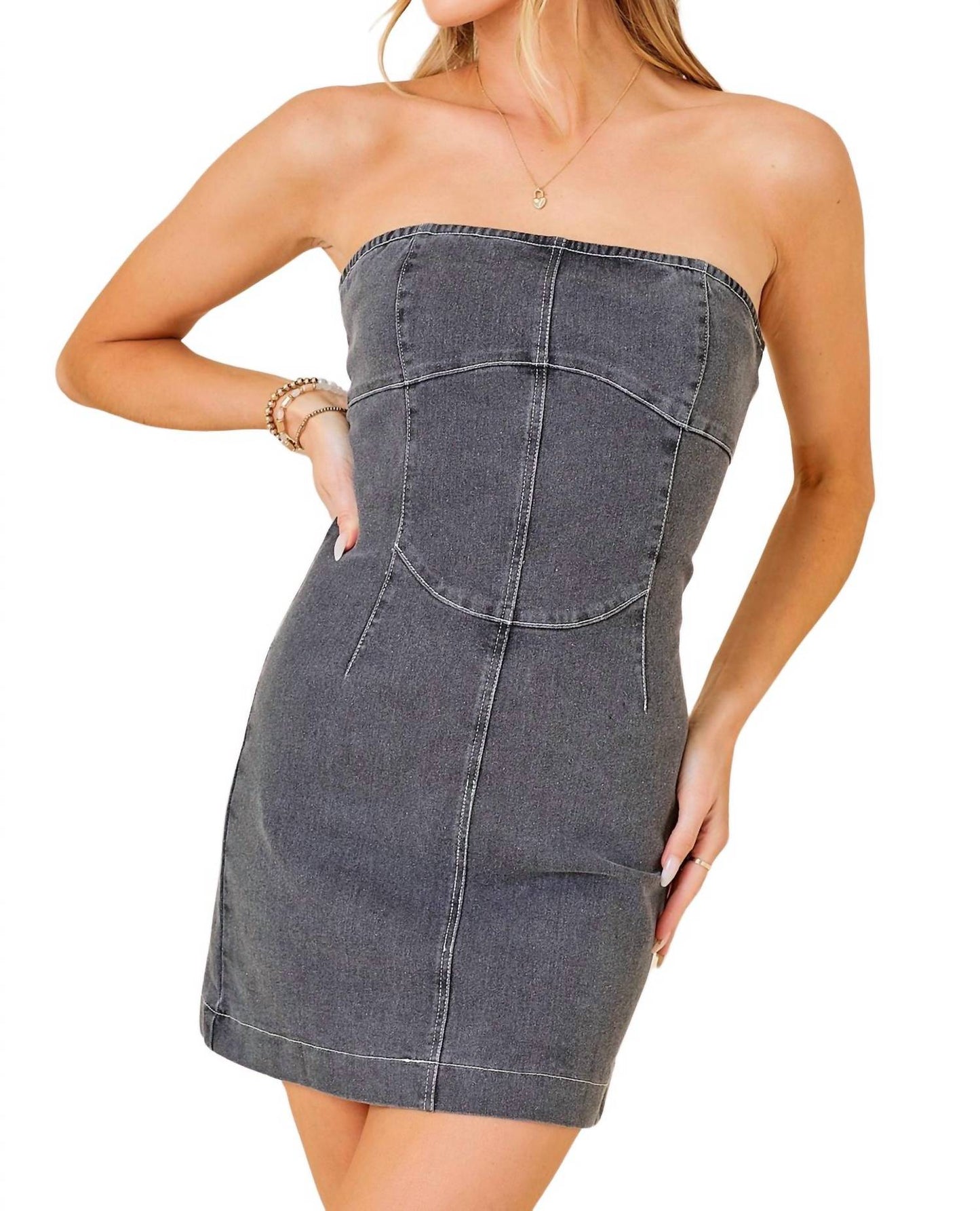 Baby Pink - Women's Stitchwork Strapless Slim Denim Dress