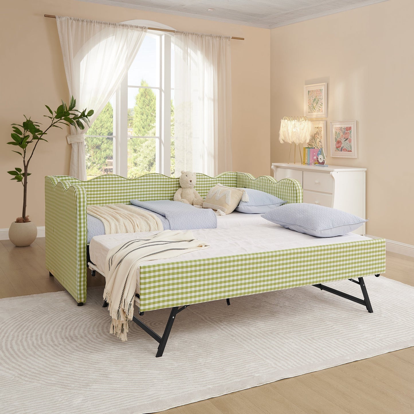 Cozy Gingham Daybed with Trundle Twin Size Sofa Bed