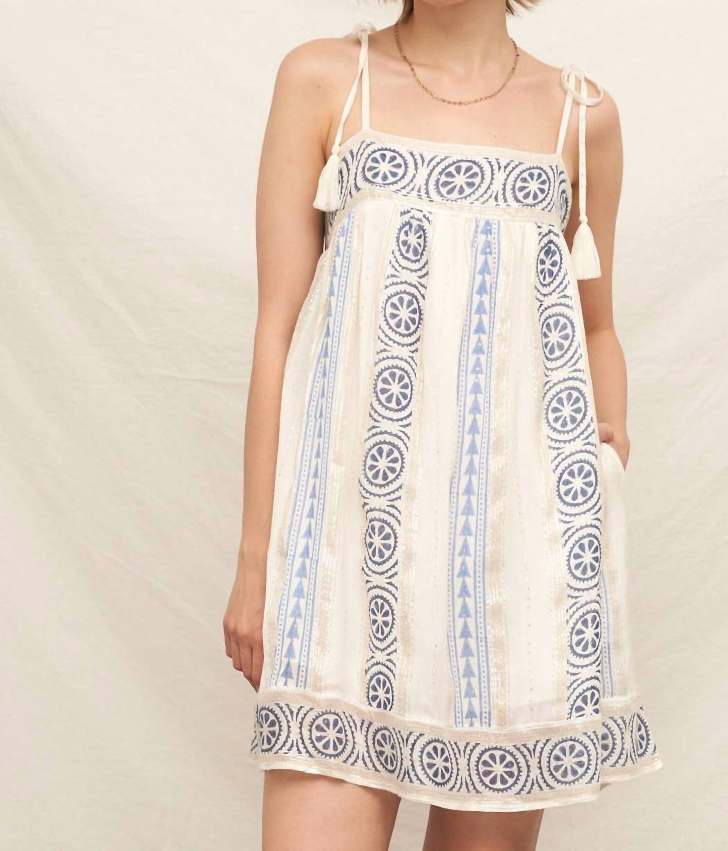 En Creme - Tassel Shoulder Embroidered Mini Dress