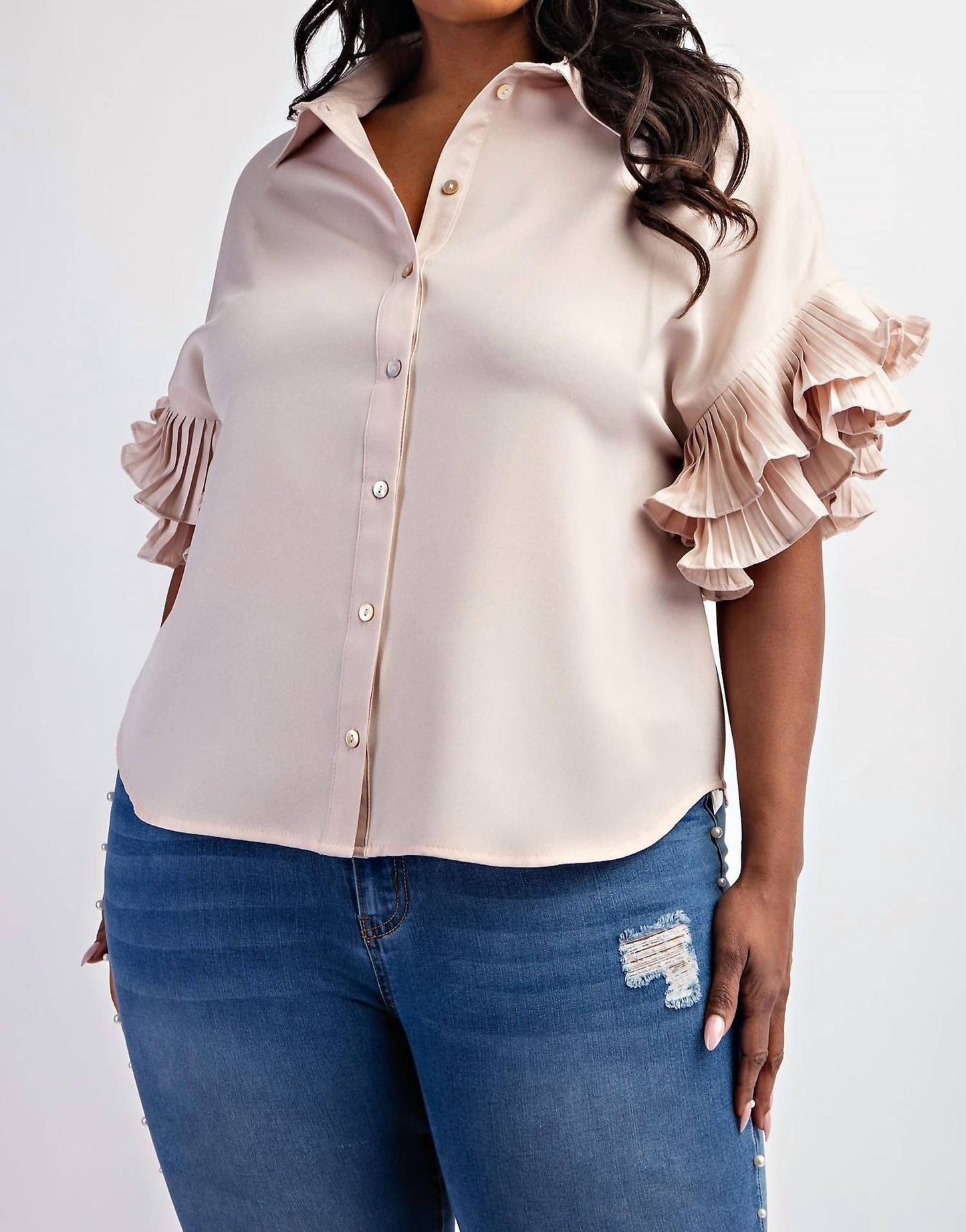 The Curve La - Plus Size Pleated Ruffle Sleeve Shirt Top