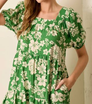 Baevely By Wellmade - Dolly Floral Print Balloon Sleeve Tiered Dress