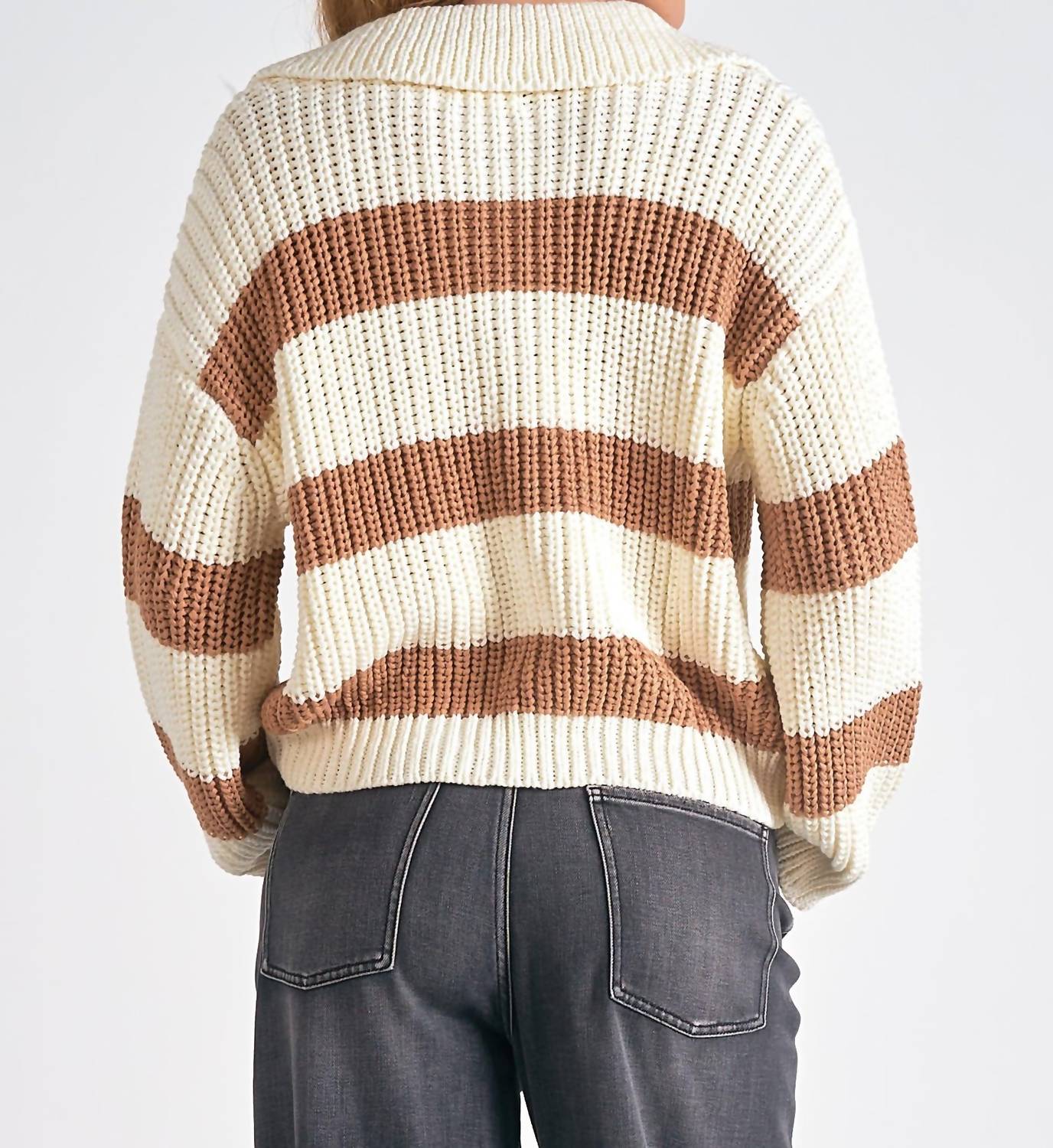 Elan - Striped V-neck Collared Sweater