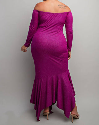 The Curve La - Plus Size Off Shoulder Metallic Knit Dress With Slit
