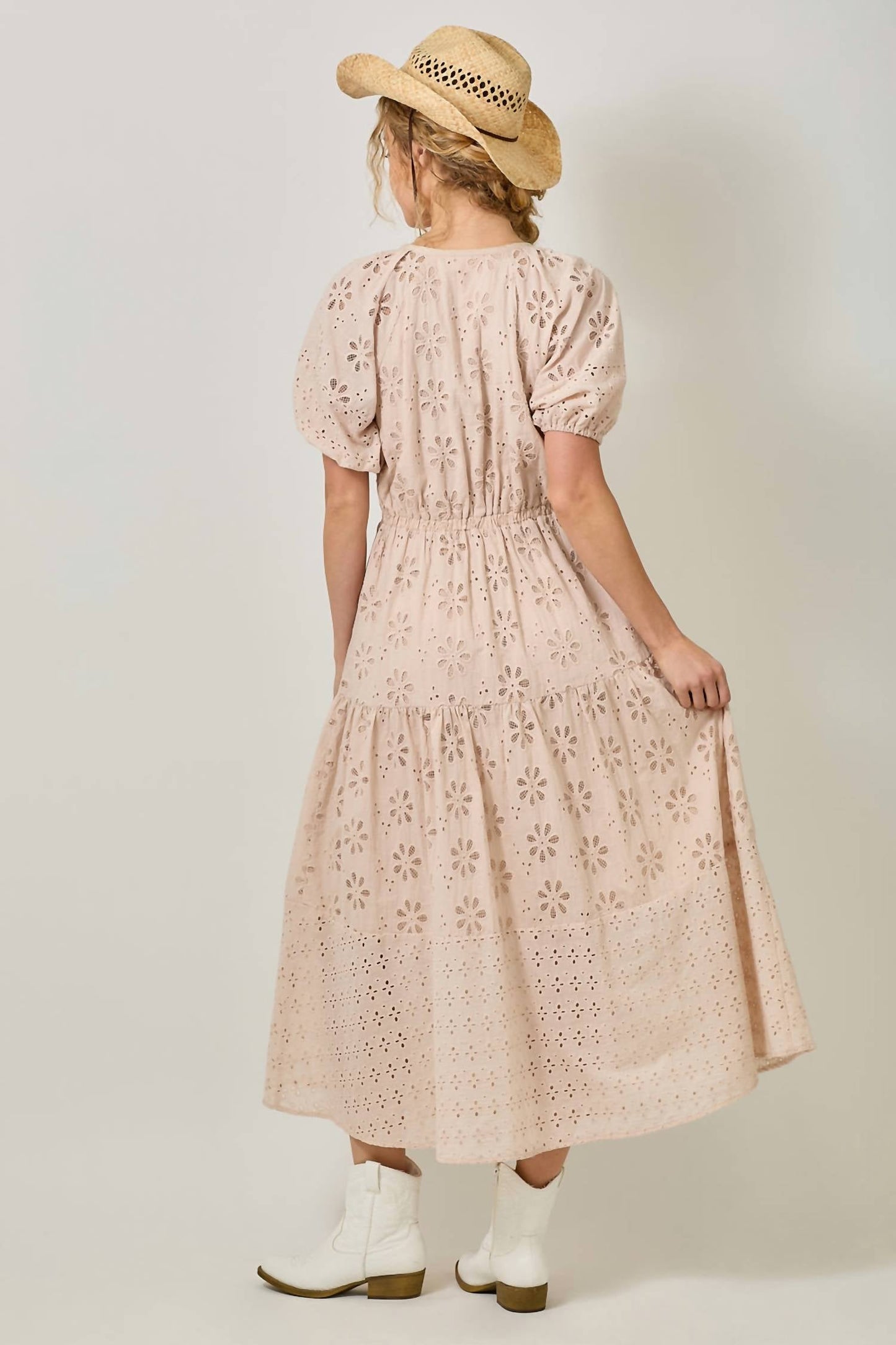 Mystree - Puff Sleeve Tiered Eyelet Dress