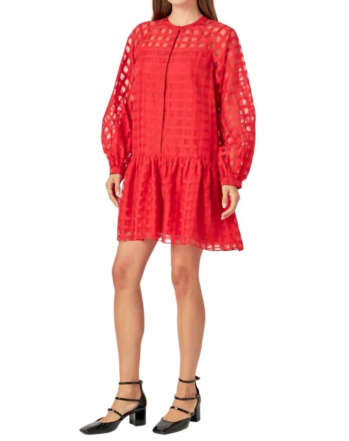 2.7 August Apparel - CHECK ORGANZA BUTTONED LONG SLEEVE MINI DRESS