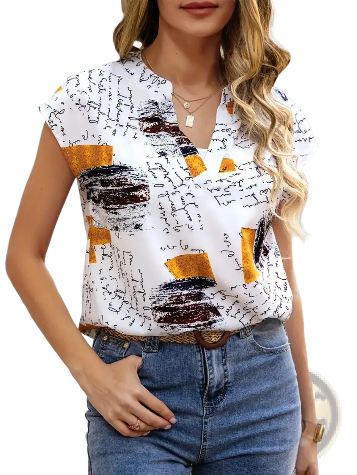 Abstract Print V-neck Stretch Satin Blouse