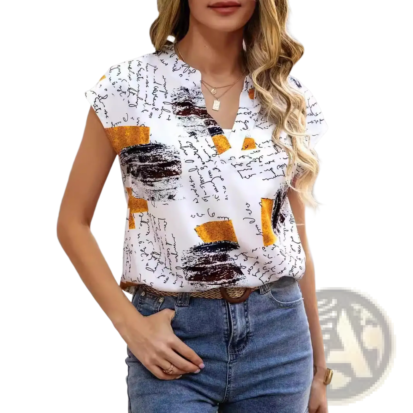 Abstract Print V-neck Stretch Satin Blouse