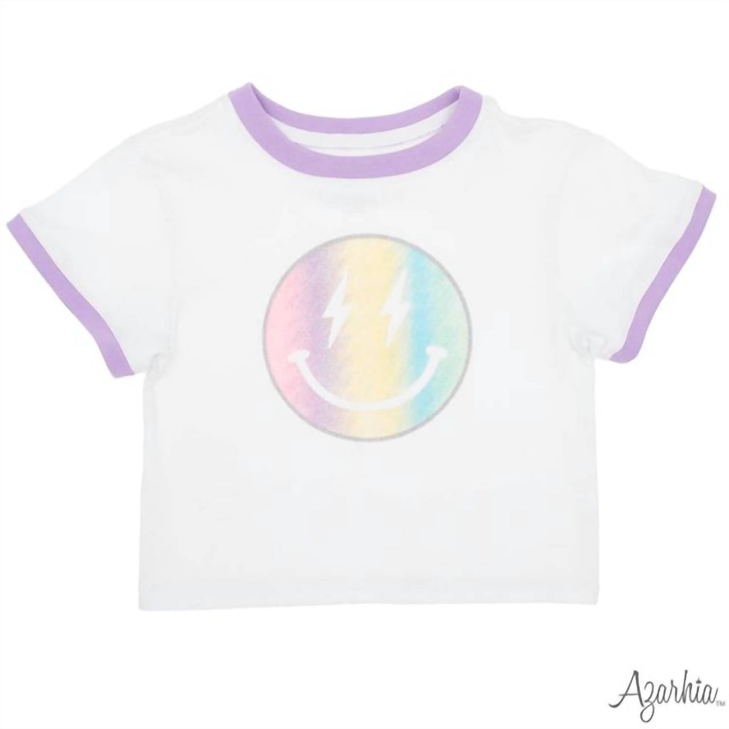 Azarhia - Girls Glitter Pastel Rainbow Smiley Ringer Boxy Tee